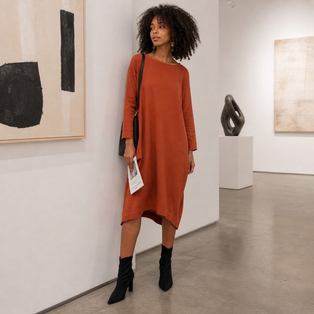 Black Crane Rust Linen Bud Ruched Sleeve Oversized Midi Dress Womens S Lagenlook